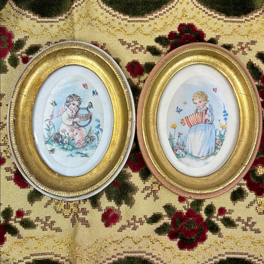 Vintage Italian Silk Art Pair in Gold Oval Frames